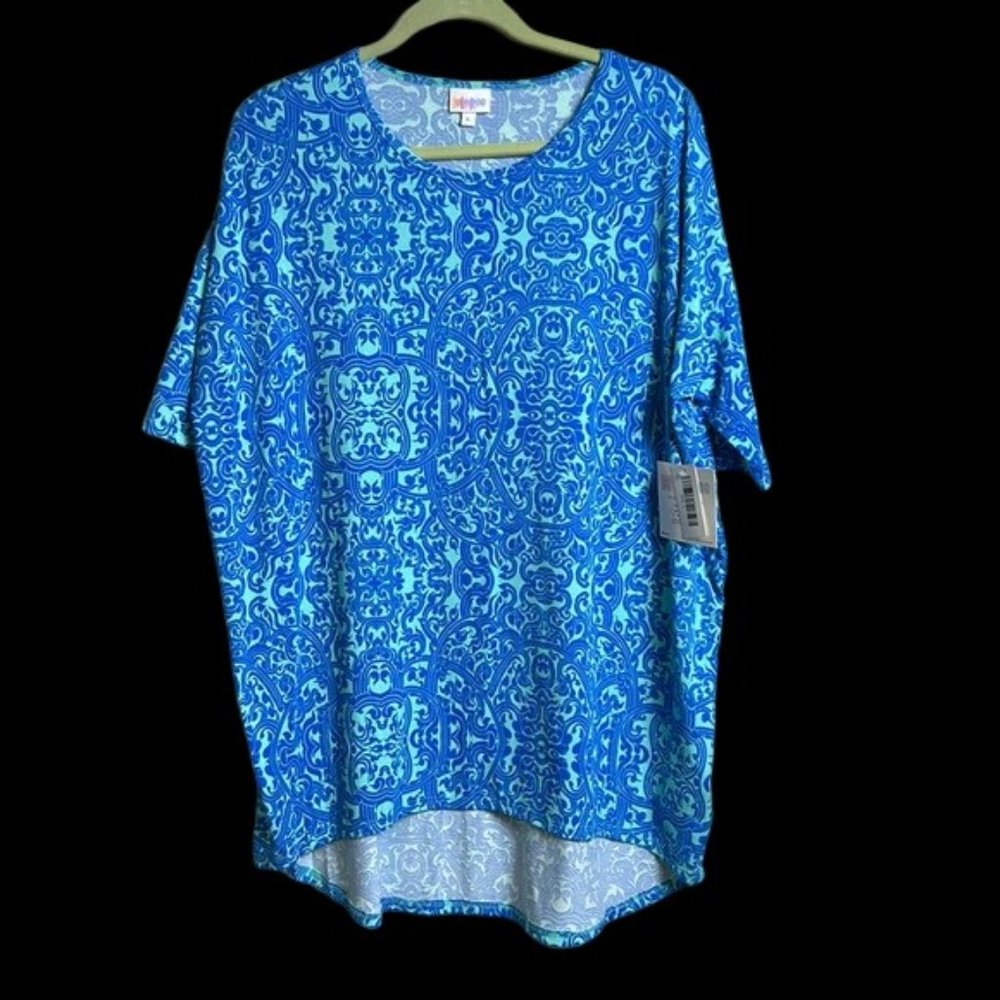 NWT LuLaRoe Irma Hi Low Tunic Top Blouse L Large Scroll Vine Aquamarine Blue